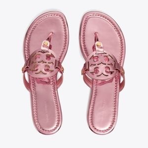 Pink Metallic tory Burch Logo Flip Flops Sandals Shoes